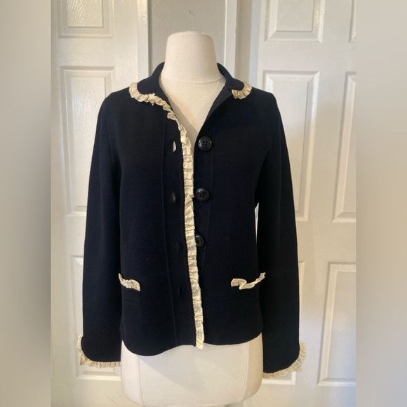 Vintage J. CREW Navy Wool Sweater Jacket Cardigan Portrait Collar Ruffle Trim - Picture 1 of 8